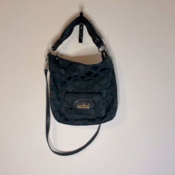 Coach Black Sateen OP Art Signature Kristen Hobo Bag #14753  Blue Interior - Picture 1 of 9